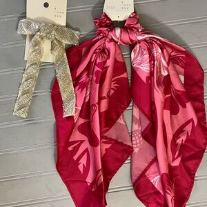 a new day Silver Beaded Ivory Ribbon Hair Clip And Twister Scarf Set NWT